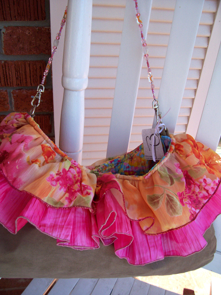 pink orange satin ruffled handbag