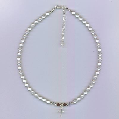 White Pearl Necklace with Cross