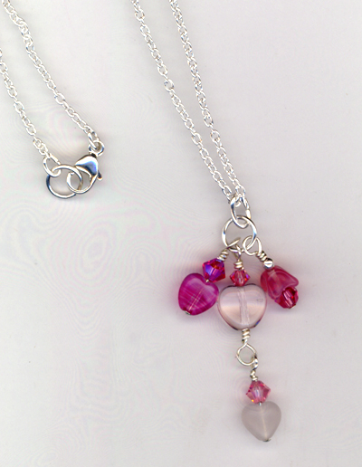 Pretty Pink Rose Hearts Charm Necklace