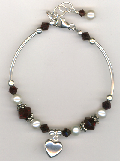 Revel In The Love ~ Garnet Crystal Pearl  Heart Charm Bracelet