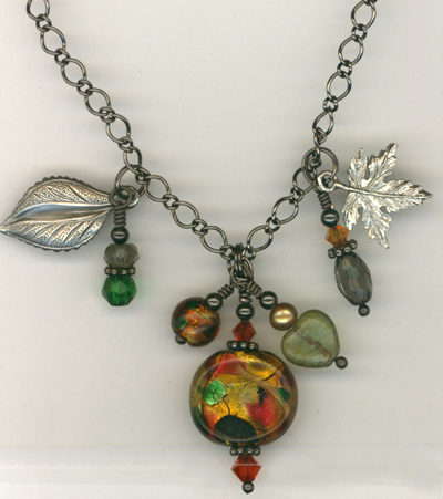 Fall Harvest ~ Gun Metal Leaf Lampwork Charm Necklace