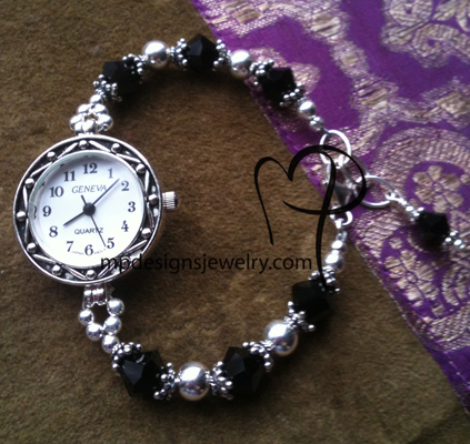 Sterling Silver Jet Black Sparkle ~ Beaded Watch