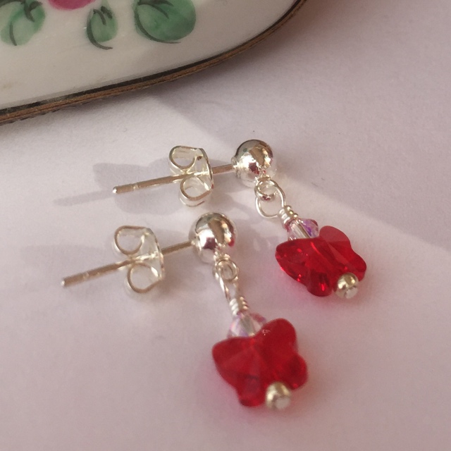 Red Swarovski crystal butterfly silver post earrings