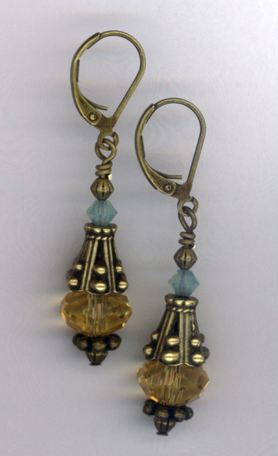 Desert Rain ~ Turquoise Blue Antiqued Gold Crystal Earrings
