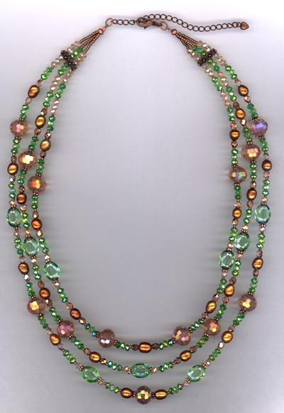 Opera Night ~ Copper Pink Green Crystal Layered Necklace