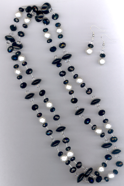 Black & White Crystal Pearl Long Beaded Jewelry Set