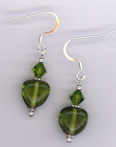 Whimsy Heart Green ~ Swarovski Crystal Lampwork Earrings