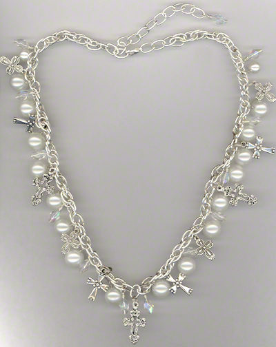Inspire ~ Cross Pearl Charms Silver Necklace