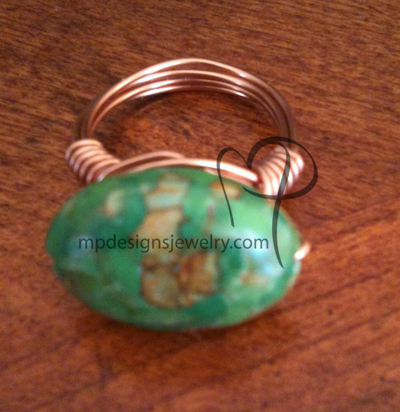 Green Mosaic Turquoise Copper Wire-wrapped Ring