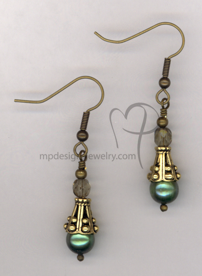 Green Pearl Antiqued Gold Crystal Earrings