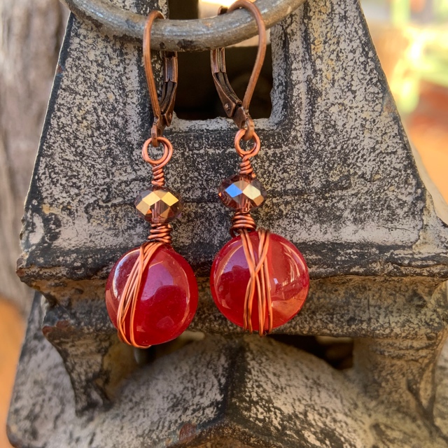 Berry Jade  Crystal Copper  Wrapped Earrings