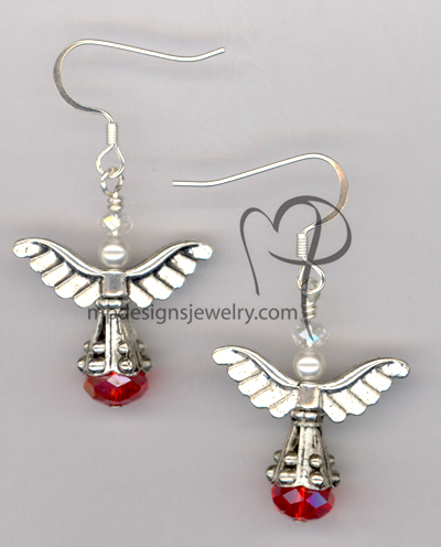 Angels Wings ~ Red Crystal White Swaroski Pearl Silver Earrings