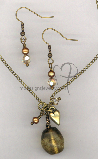 Butter Gold ~ Antiqued Gold Pearl Swarovskic Crystal Necklace Earrings Set