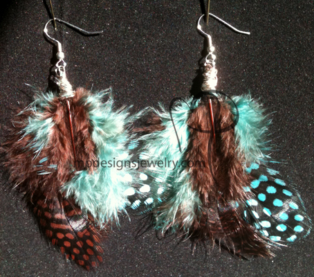 Polka Dot Blue Brown Feather Earrings