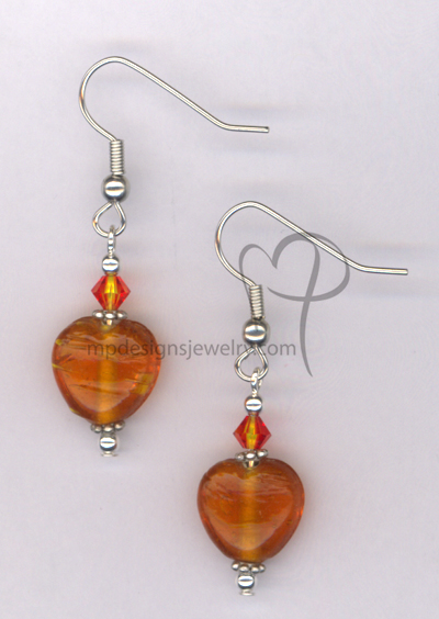 Whimsy Heart Orange~ Swarovski Crystal Lampwork Silver Plated Hypo-allergenic Earrings