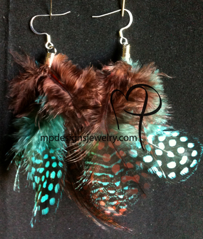 Polka Dot Blue Brown long Feather Earrings