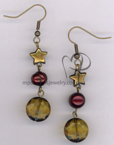 Cranberry Celebration ~ Antiqued Gold Cranberry Pearl Star Earrings