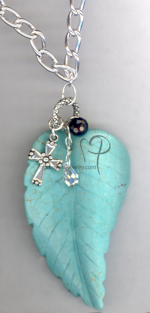 Turquoise Treasure ~ Gemstone Swarovski Crystal Charm Leaf Necklace
