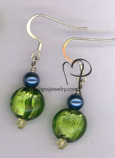 Cool Breeze Green Lampwork Pearl Crystal Earrings