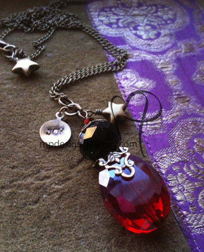 JOY Red Black Crystal Brass Steampunk Vintage Inspired Filigree Necklace