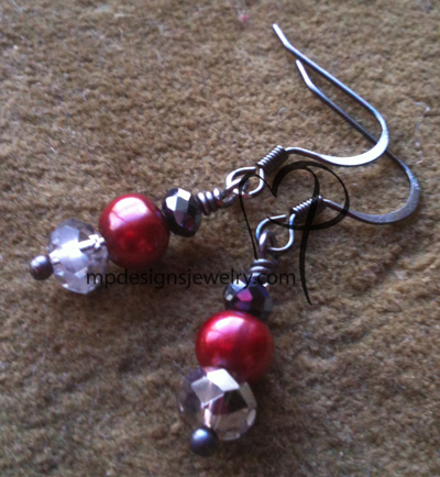 A Little Dashing ~ Jet Crystal Cranberry Pearl Gun Metal Earrings