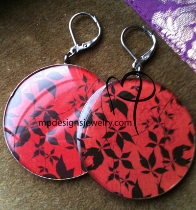 Cinnabar ~ Red Black Round Gun Metal Earrings