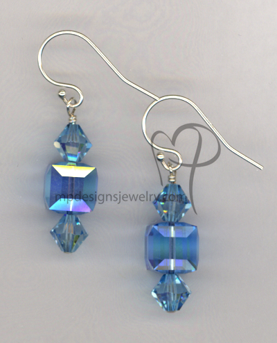 Aquamarine Swaraovski Crystal cube Sterling Silver Earrings