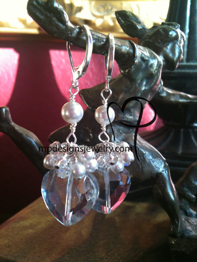Passion ~  Crystal Pearl Heart Cluster Silver Plated Earrings
