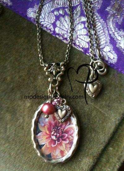 Pink Dahlia ~ Victorian Brass Charm Necklace