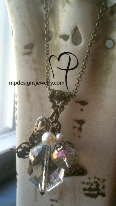 vintage champagne crystal butterfly charm necklace full view