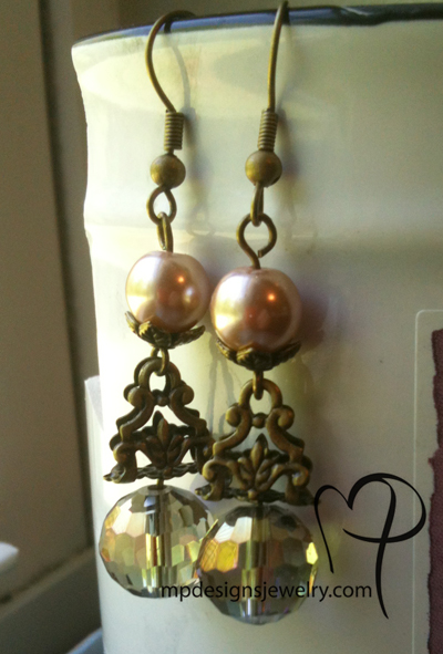 Lap of Luxury ~ Champange Filigree Crystal Pearl Earrings