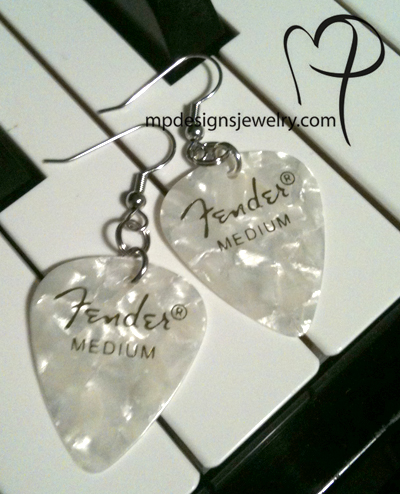 White Pearl Guitar Pick Earrings ~ Fender