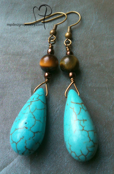 Joanna ~ Turquoise Teardrop Tiger Eye Earrings