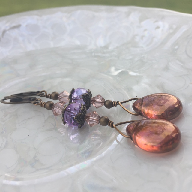 Pink Teardrop Czech glass antiqued gold vintage earrings 