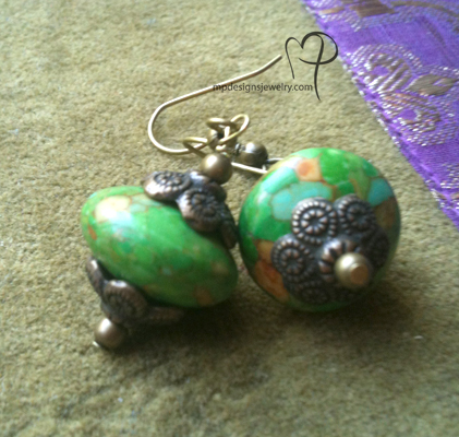 Isabelle ~ Mosaic Green Turquoise Brass Beaded Earrings