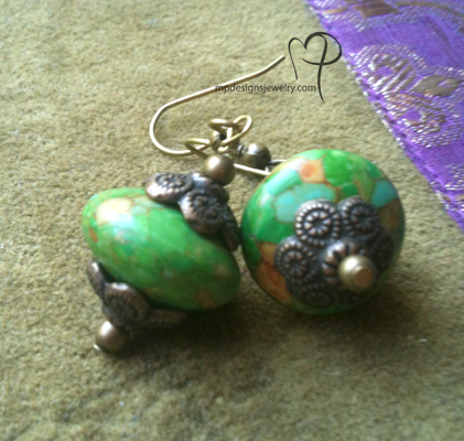Isabelle ~ Mosaic Green Turquoise Brass Beaded Earrings