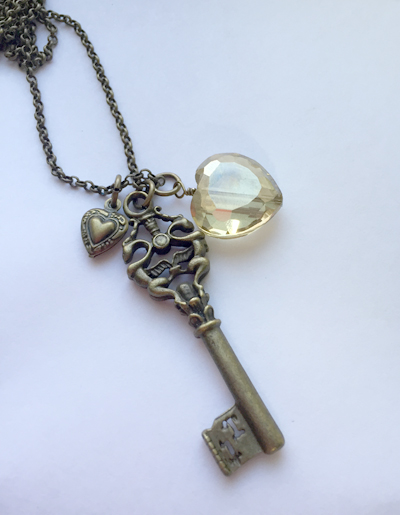 heart key crystal tiny charm brass necklace