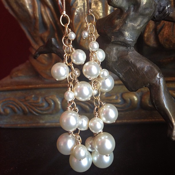 Cascading Swarovski Pearls Gold Earrings