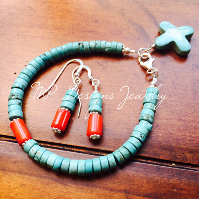 Turquoise Coral Sterling Silver Bracelet/Earrings Set