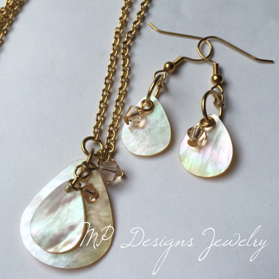 Gold shell crystal necklace earrings set