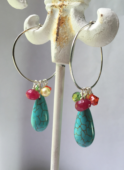turquoise multi gem ss hoop earrings