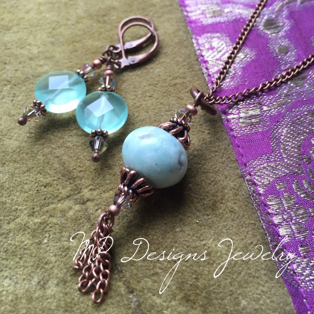 Green/Blue Gemstone Copper Earring/Necklace Set