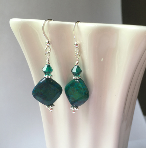 Emerald Green Chysocolla Diamond Gemstone Swarovski Crystal Sterling Silver Earrings