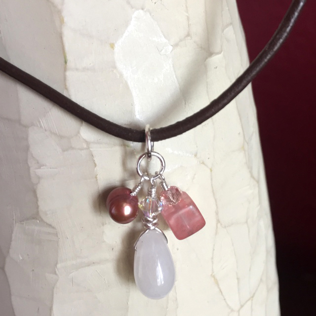 Summer Shade ~ Rose Quartz Pearl Brown Greek Leather Sterling Silver Necklace