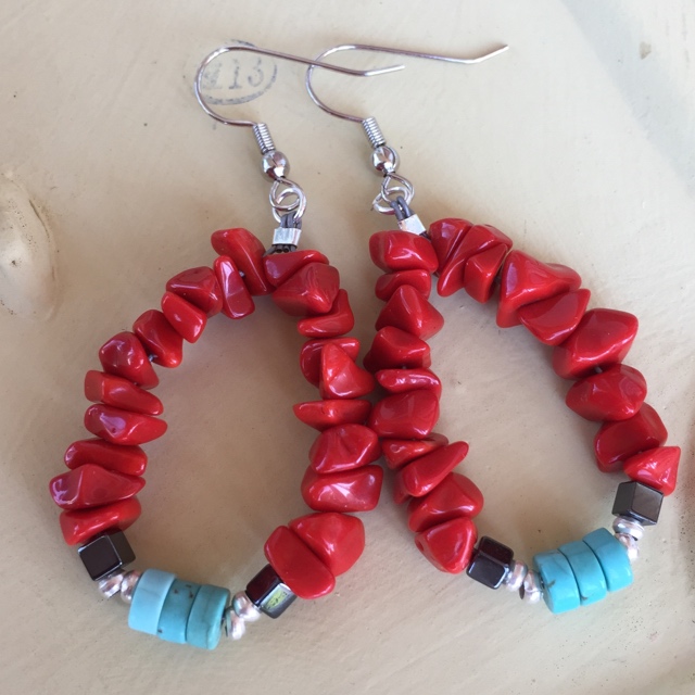 Boho coral Turquoise Heishi hoop Earrings