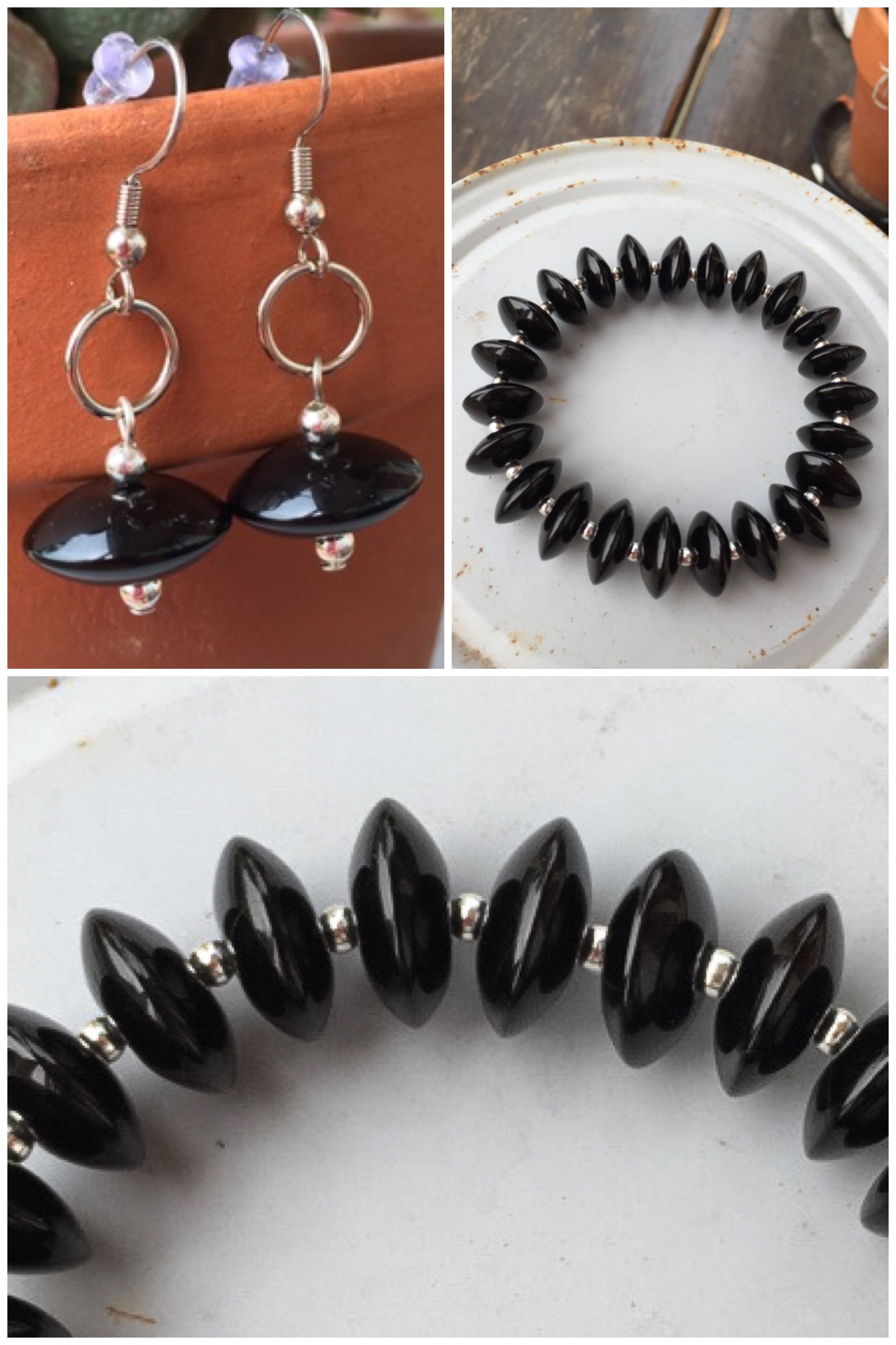 Black Onyx Agate Gemstone Bracelet/Earring Jewelry Set