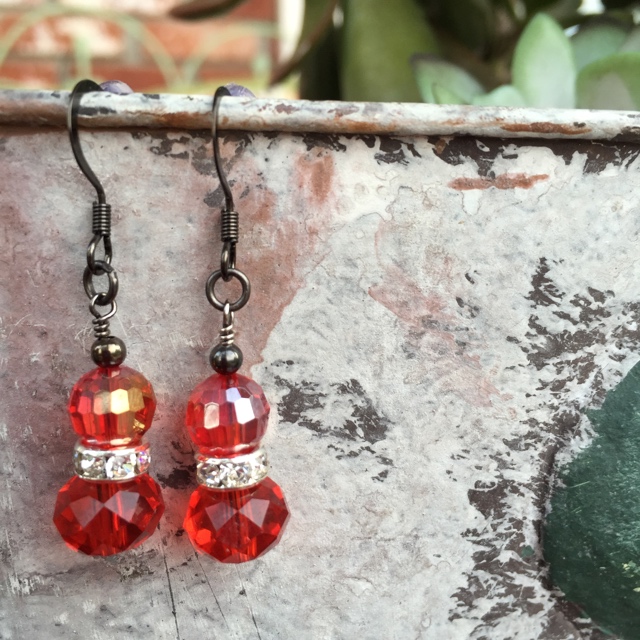Red on red crystal holiday black earrings 