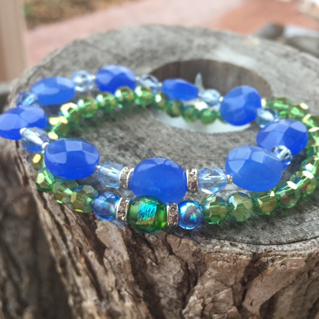 Greenery Blue Crystal Gemstone Neaded Stretchy Stack Bracelets
