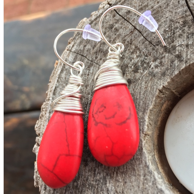 Turquoise Red Teardrop Wrapped in Silver  Earrings