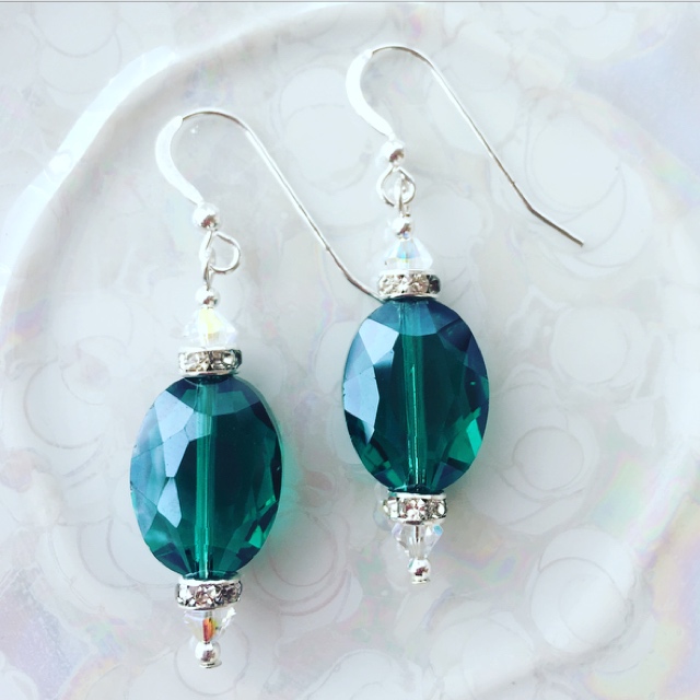 Emerald Green Crystal Sterling Silver  Earrings